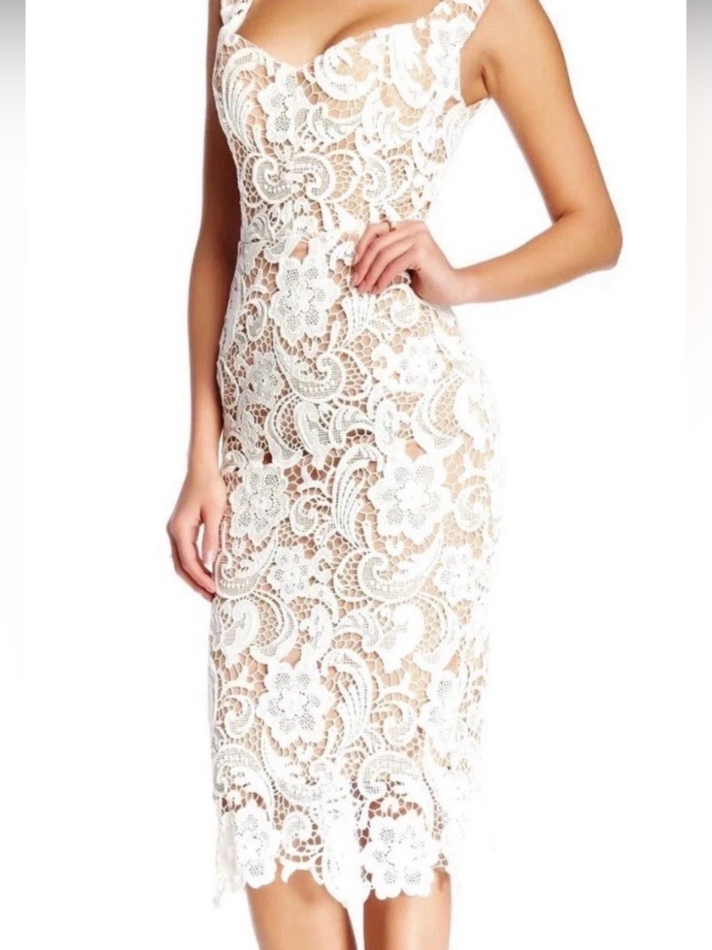Few Moda White Floral Lace V-Neck Sleeveless Midi Bodycon Lined Zip Dress M